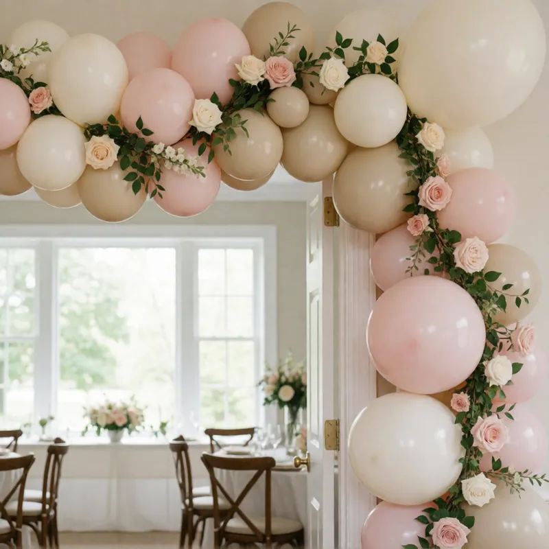 Organic balloon garland threaded with fresh flowers