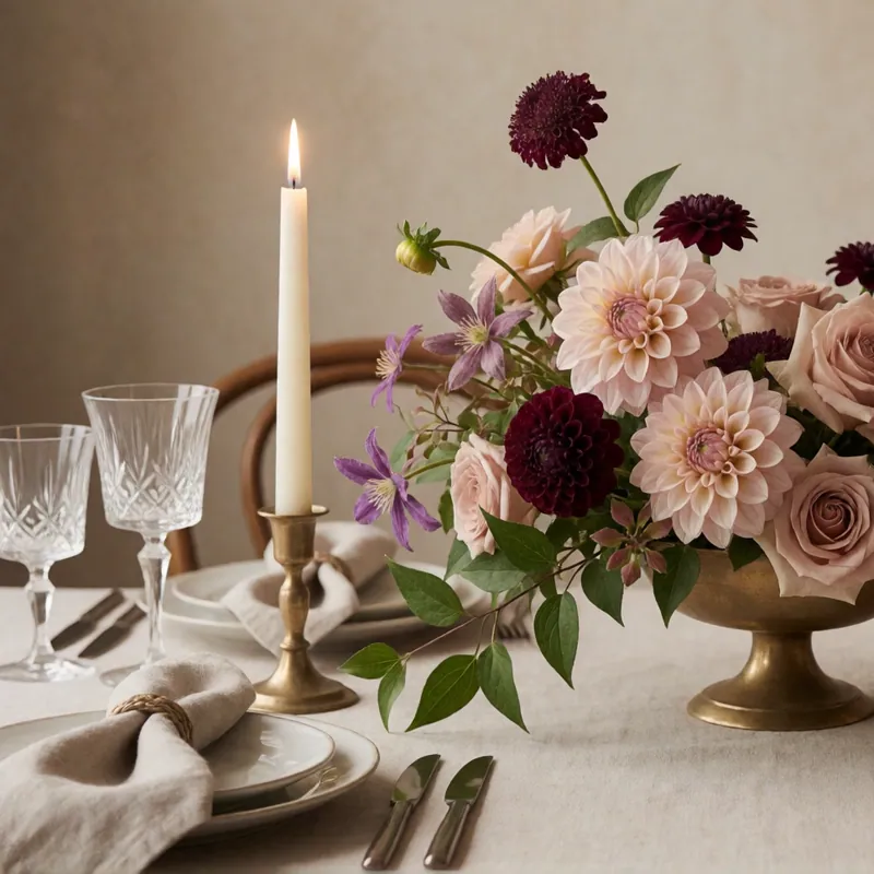 Low compote centerpiece for a candlelit table