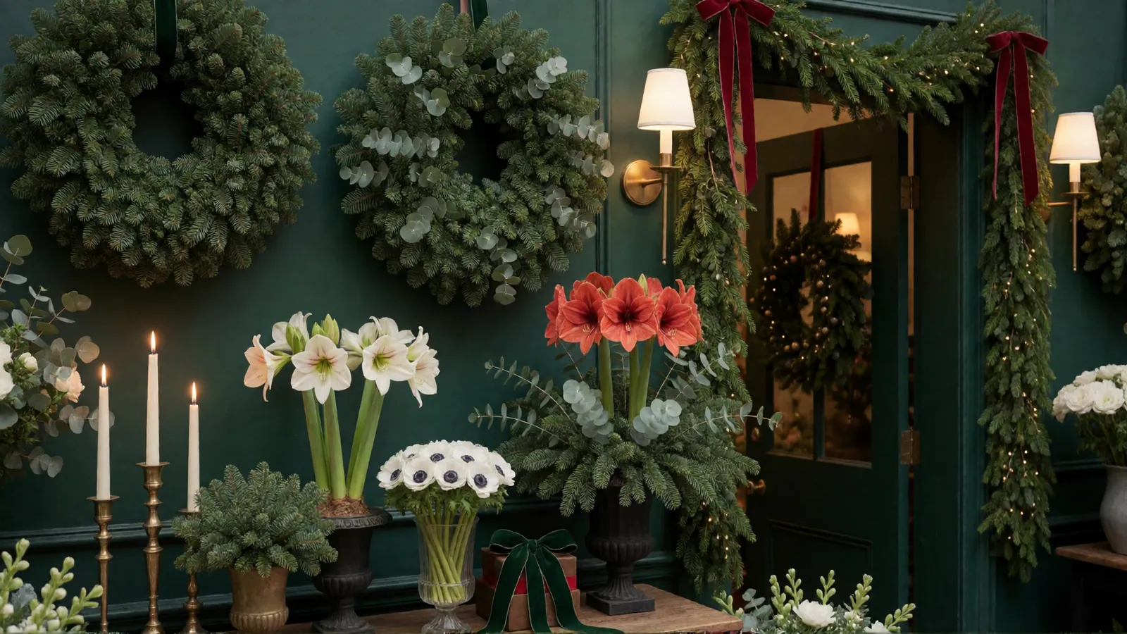 Flower shop dressed for the winter holidays with fir wreaths and garlands