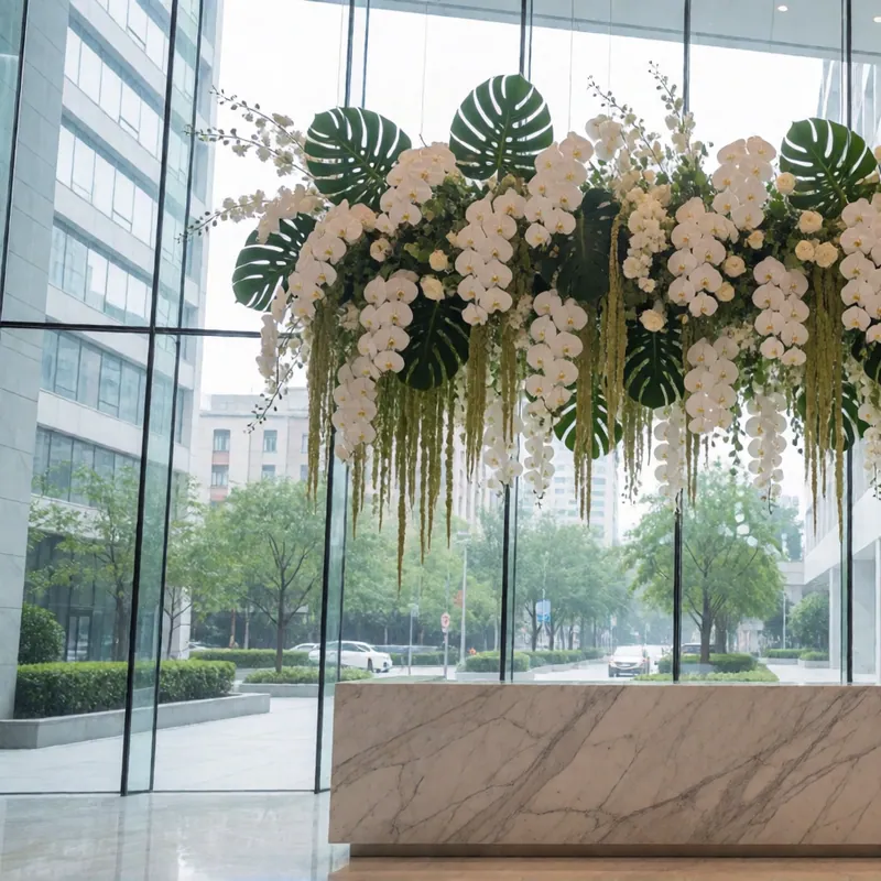 Suspended orchid installation in a Manhattan lobby