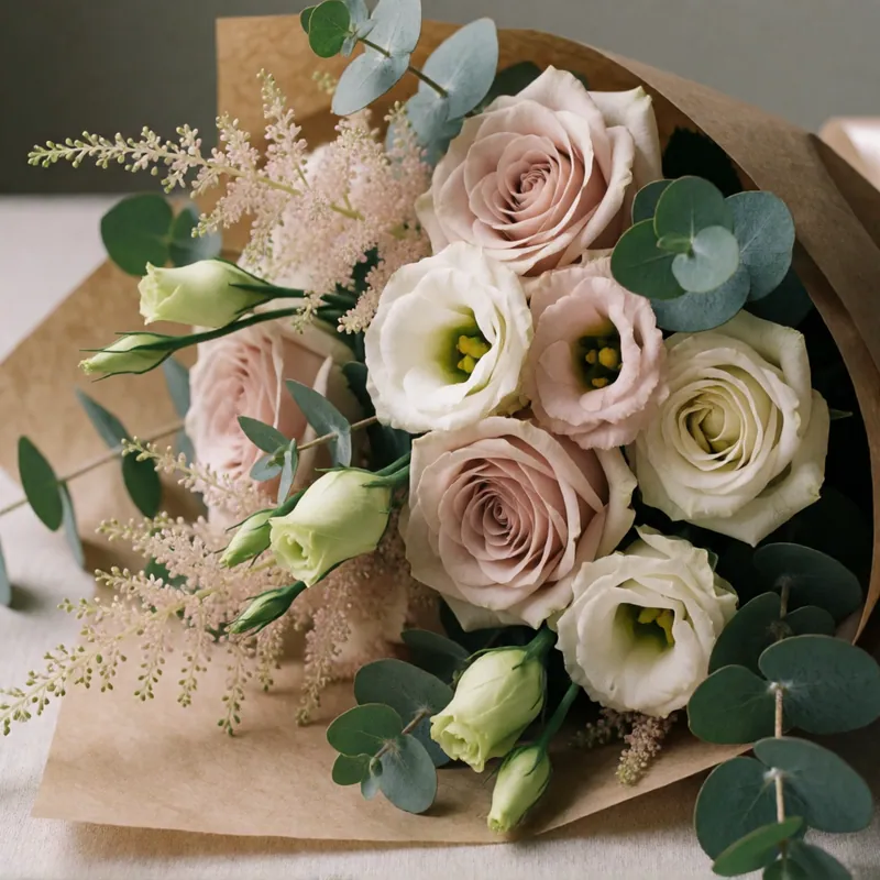 The signature bouquet, wrapped in kraft and ribbon