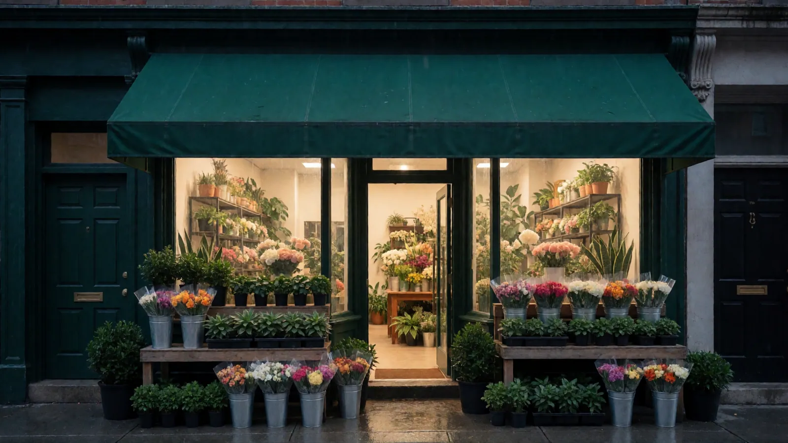 The Woodside Floral & Decoration storefront on 61st Street at dusk