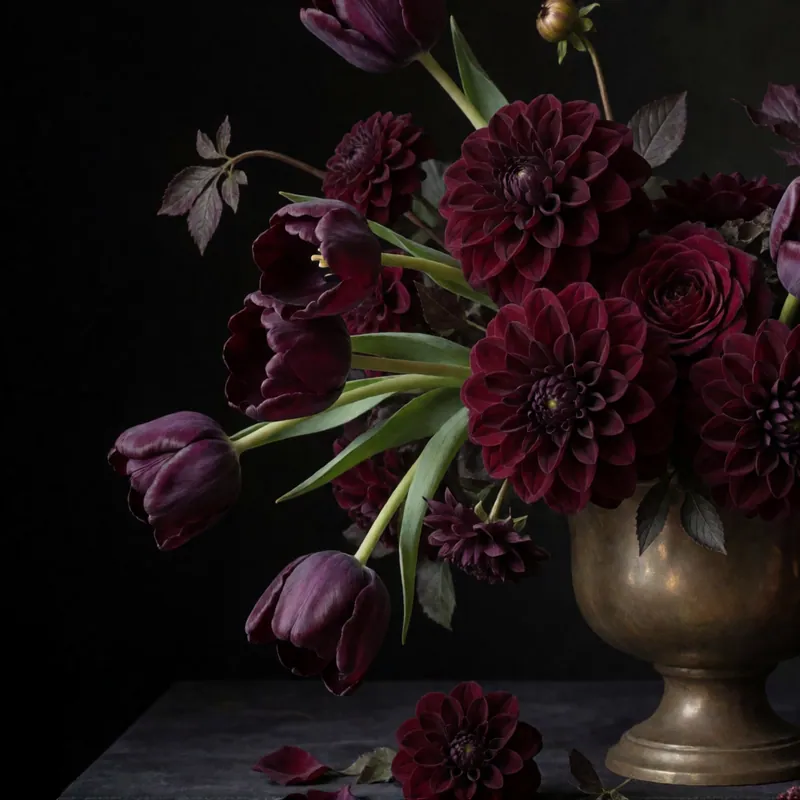 Dark and painterly — dahlias, plum tulips and calla in bronze