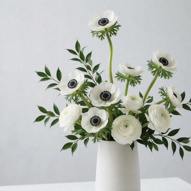 White anemone and ranunculus, architectural and spare