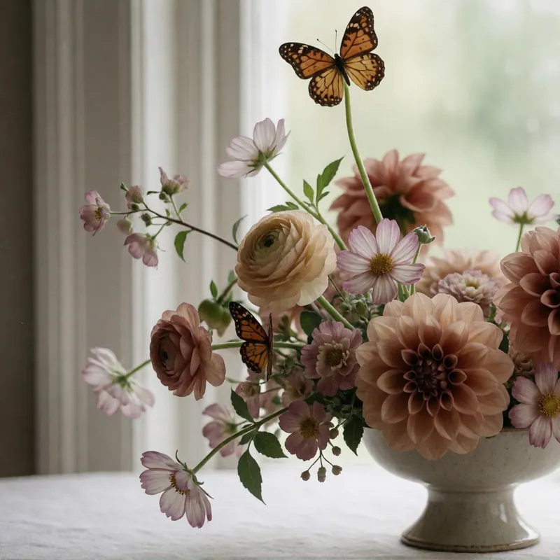 Cafe au lait dahlias in a footed compote