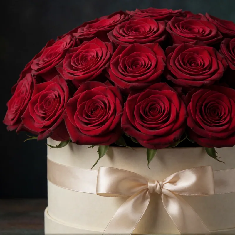 Two dozen reds, domed in a lined hat box