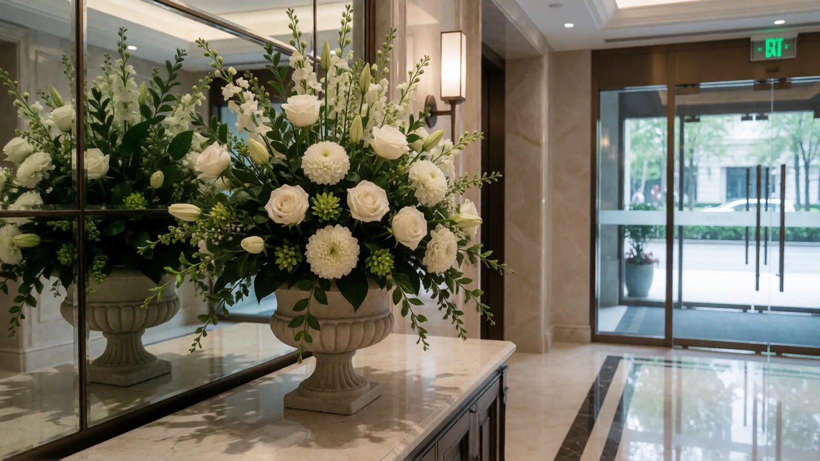 Weekly flower arrangement on a console table in a Queens building lobby
