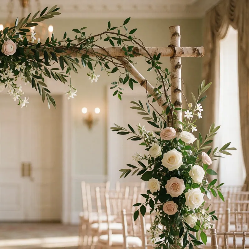 Asymmetric ceremony arch in ivory and olive