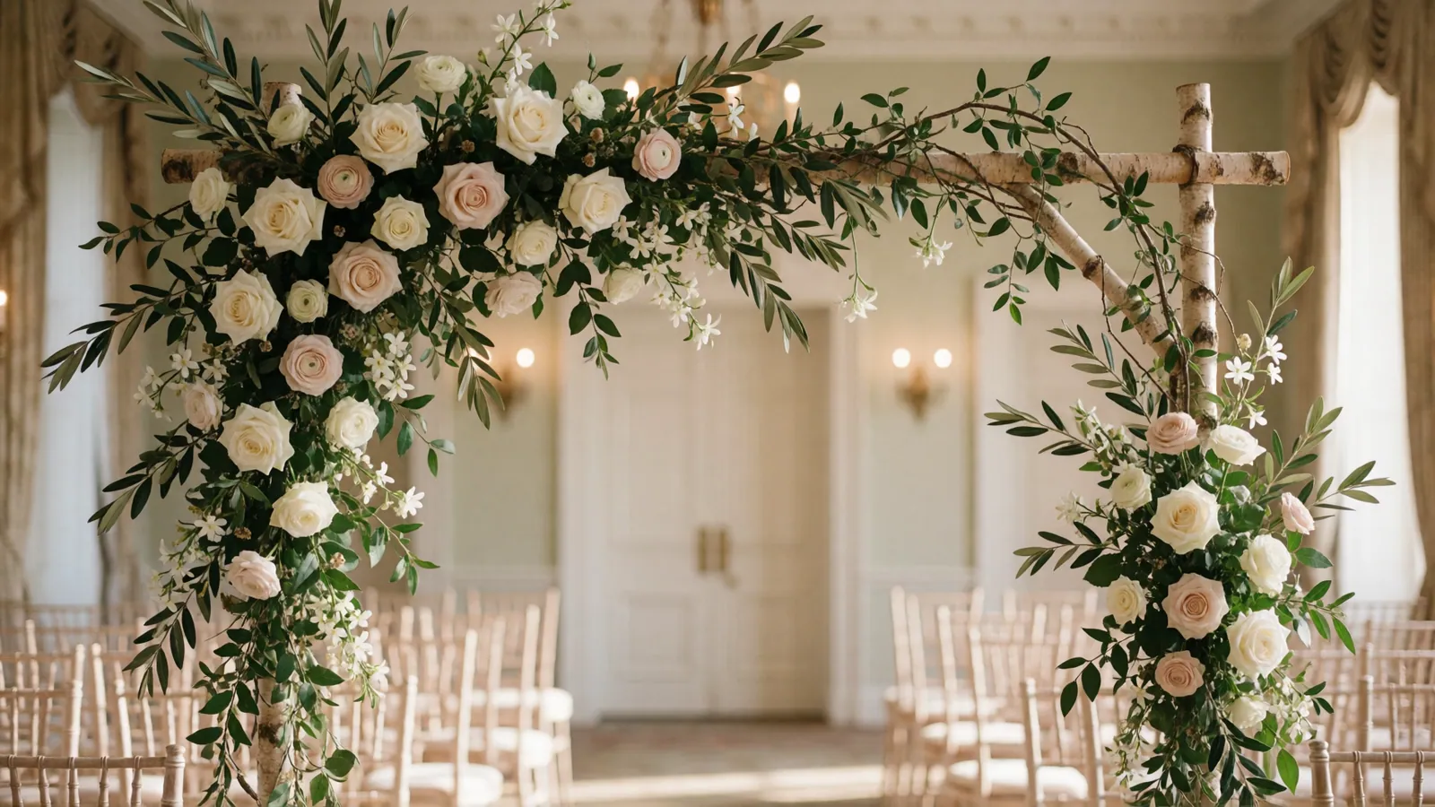 Wedding ceremony floral arch in ivory roses and olive branches