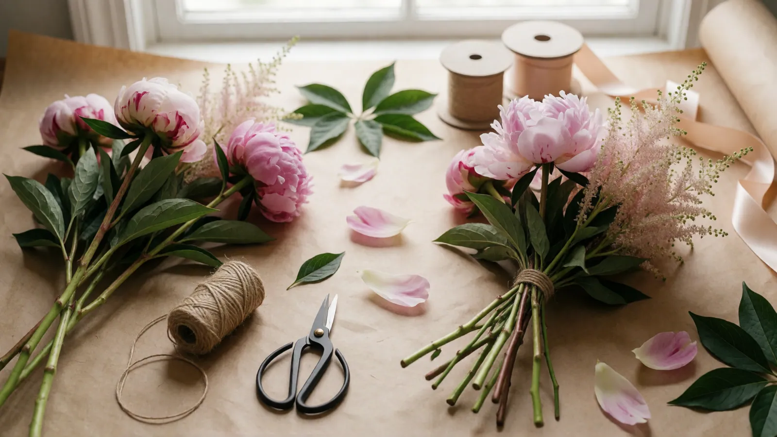 Florist design bench in Woodside with stems, ribbon and a half-built bouquet