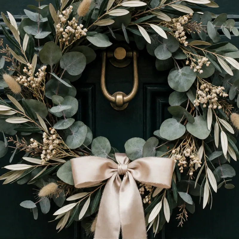 Preserved eucalyptus and olive on a green door